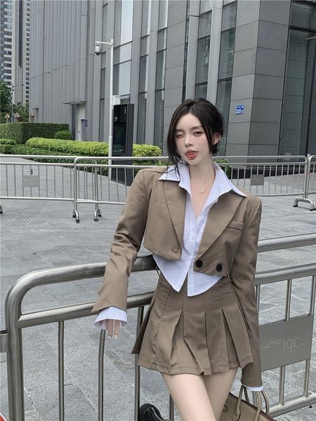 

women's tracksuits matching set blazer and skirts women england style navel exposed short empire feminino femme three piece, Gray