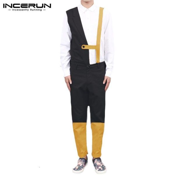

men's pants incerun jumpsuits patchwork streetwear korean button sleeveless irregular romper fashion party club overalls men ntud, Black