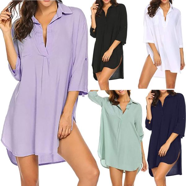 

women's swimwear beach casual shirt dress cover-up women plus size cover bikini up sarong swimsuit ups white tunics, White;black