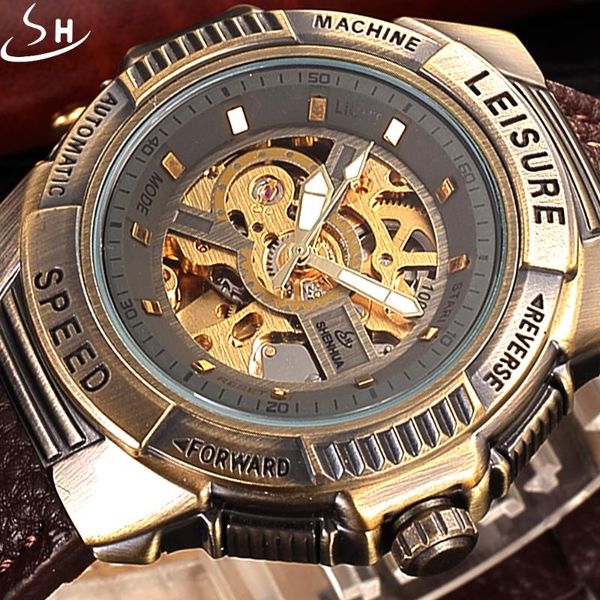 

bronze automatic mechanical watch men skeleton clock leather strap sport military watches wristwatches, Slivery;brown