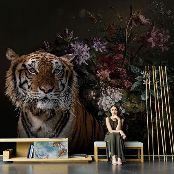 

wallpapers 3d wallpaper nordic hand painted tiger lion flower pattern tv background home decor for living room bedroom