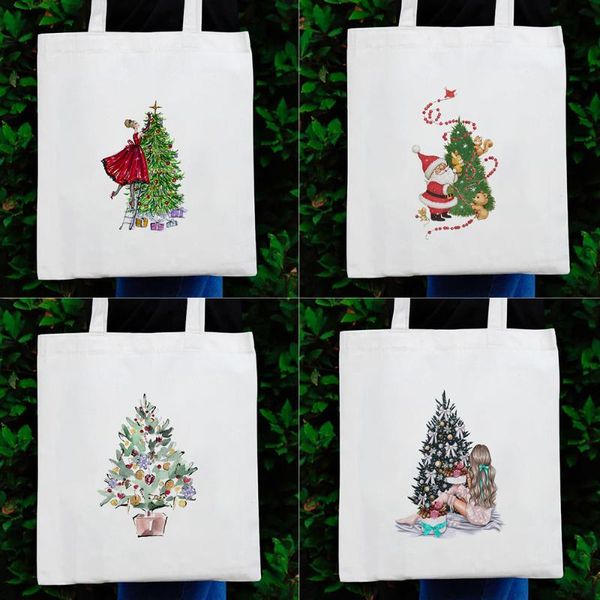 

storage bags christmas tree print white canvas shoulder high capacity women fashion casual shopper shopping pouch gift