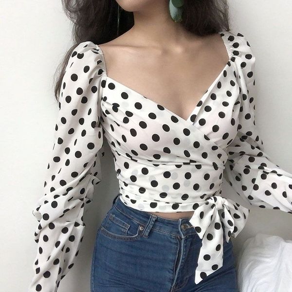 

lantern sleeve polka dots chiffon blouses fashion deep-v black white blusas streetwear women shirts 210601