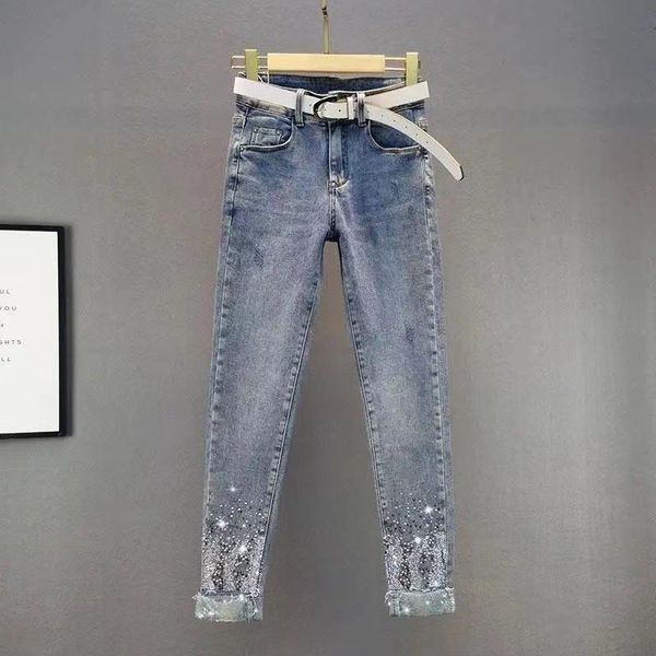 

women's jeans 2021 spring autumn women high elastic waist stretch female washed denim skinny pencil pants lady plus size trouser o258, Blue