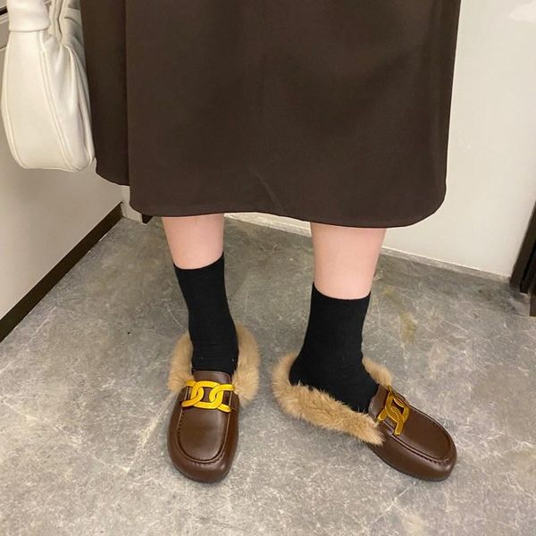 

round toe fashion women slippers flats shoes short plush slip on black brown shallow outdoor/indoor comfortable mules