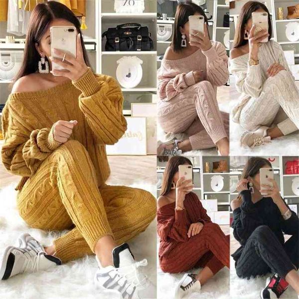 

casual solid warm knitted women set two pieces o-neck cropped sweater trousers tracksuit winter lady outfits slim 210520, White