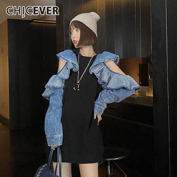 

black sweatshirt for women o neck butterfly long sleeve off shouder patchwork ruffle designer hit color female 2021 women's hoodies & s