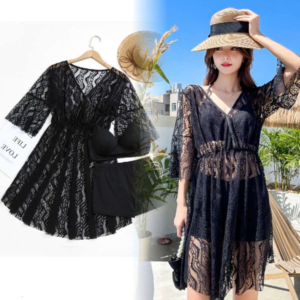 

fairy fan swimsuit women's split bikini three piece set with small chest and gathered cushion, White;black