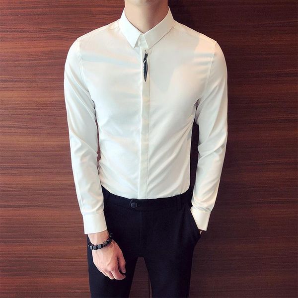 

men's casual shirts summer placket embroidery for men slim shirt streetwear long sleeve business dress social party blouse, White;black