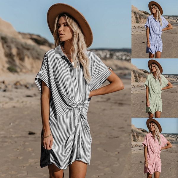 

european and american 2021 summer polo slim tie stripe dress women's wear, White