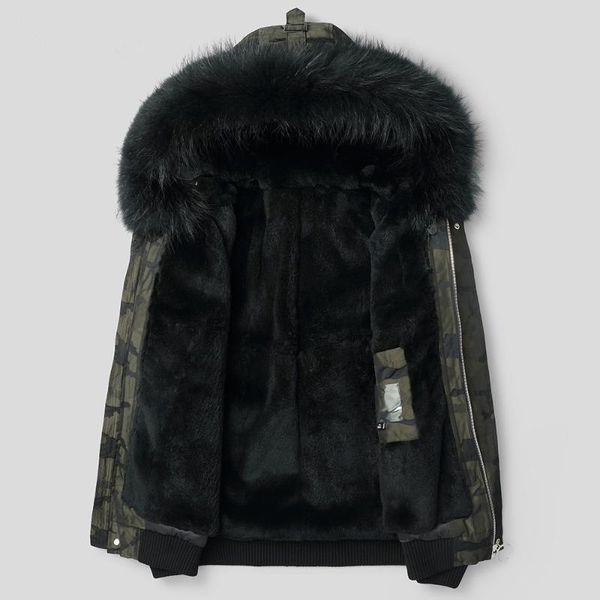 

men's leather & faux parka men real liner camouflage coat winter raccoon fur collar parkas plus size jacket f-cq-8806my1160, Black