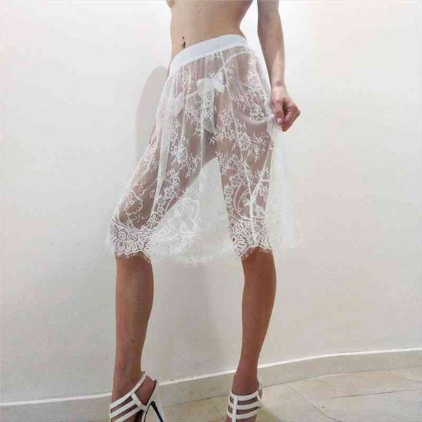 

lace mesh korean summer women skirts casual beach night club high waist elastic transparent tassel short 6, Black