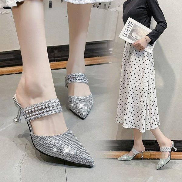 

slippers women bling glitter ladies pointed toe thin heels female casual mules woman fashion shoes women's footwear 2021, Black