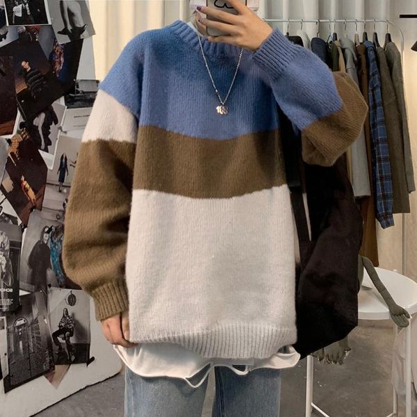 

men's sweaters men knit winter clothes warm casual korean style streetwear mens all-match loose soft o-neck long sleeve oatf, White;black