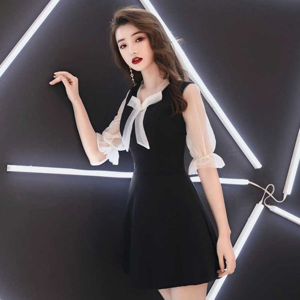 

women's black ladies dress slim temperament mesh office lady zippers patchwork regular 210603, Black;gray