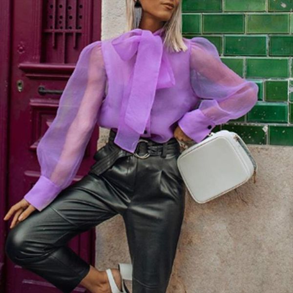 

bow tie see through mesh womens shirt casual high street long sleeve loose office ol blouse, White