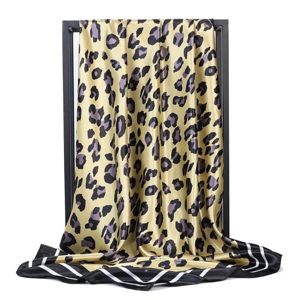 

leopard print silk scarf for women square scarves shawls ladies 90*90 satin neckerchief hijab headband bandana, Blue;gray