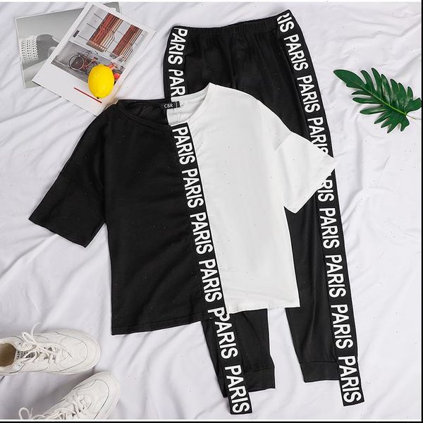 

womens tracksuits summer 2 piece set women black white sport jogger wear femme short sleeve loose and pantspatchwork outfits, Gray