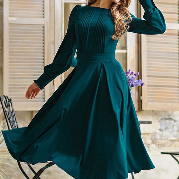 

fashion women vintage solid color autumn dress elegant green long sleeve pleated midi vestidos de 2021 casual women party dress, Black;gray