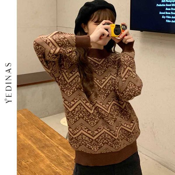 Yedinas Gestrickte Pullover Frauen Vintage Langarm O Neck Argyle Jumoer Damen Pullover Lose Tops Weibliche Junge Stil 210527