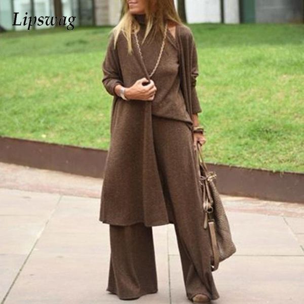 

women's two piece pants casual lady home suits women three set elegant long cardigan sleeveless vintage turtleneck and wide leg outfit, White