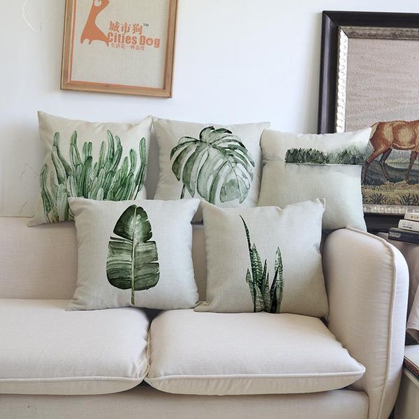 

nordic style tropic plant green leaf throw linen pillow case home offce sofa chair simple and fresh decorative cushion cover cushion/decorat