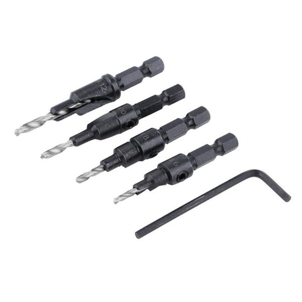 

professional drill bits 4pcs 6# 8# 10# 12# 1/4 hex quick change shank countersink tapered drills cone reaming bit set wood woodworking tools