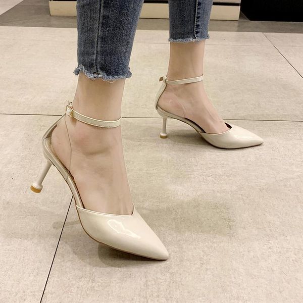 

dress shoes 2021 summer women ankle strap sandals high thin heel pointed toe buckle office ladies heels f90037, Black