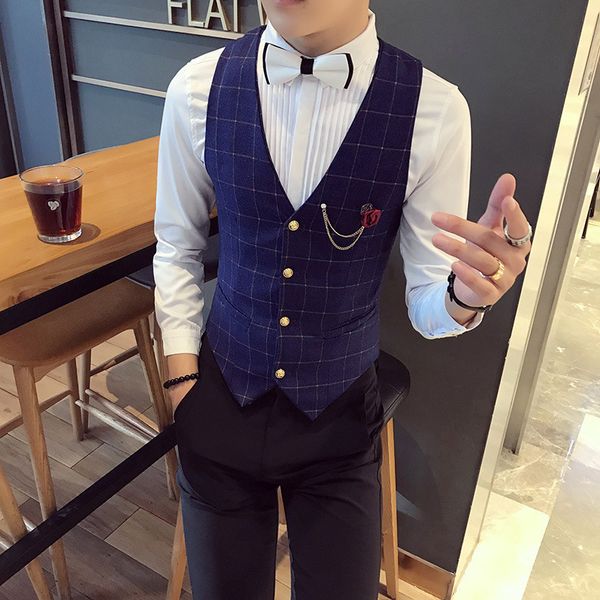 Plaid Anzug Weste Herren Casual Formale Kleid Geschäfts Hochzeit Party Arbeit Westen Männer Koreanische Stil Schlanke Männliche Weste Gilet Homme 210524