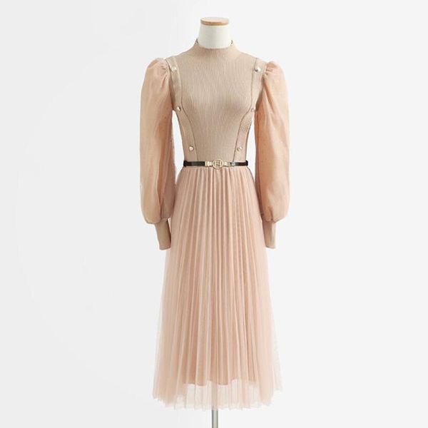 

casual dresses 2021 autumn winter elegant mesh patchwork knitted dress women solid a-line pleated female long sleeve bandage vestidos, Black;gray