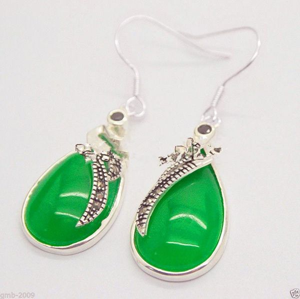 

dangle & chandelier 15*26mm natural green stone 925 silver marcasite earrings