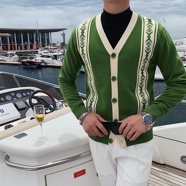 

men's sweaters 2021 autumn v-neck man long-sleeved casual sweater cardigan green fashion contrast color knitted mens clothing, White;black