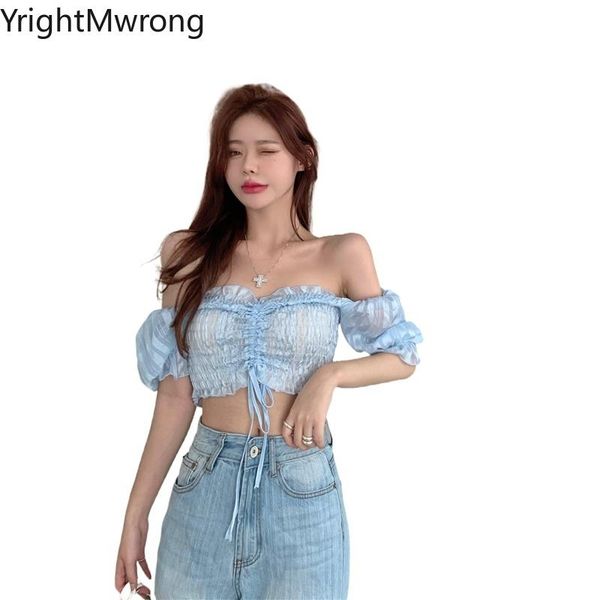 

women's blouses & shirts off shoulder square ruffles aesthetic front drawstring lace up tie bow ruched bodycon blouse crop short sh, White