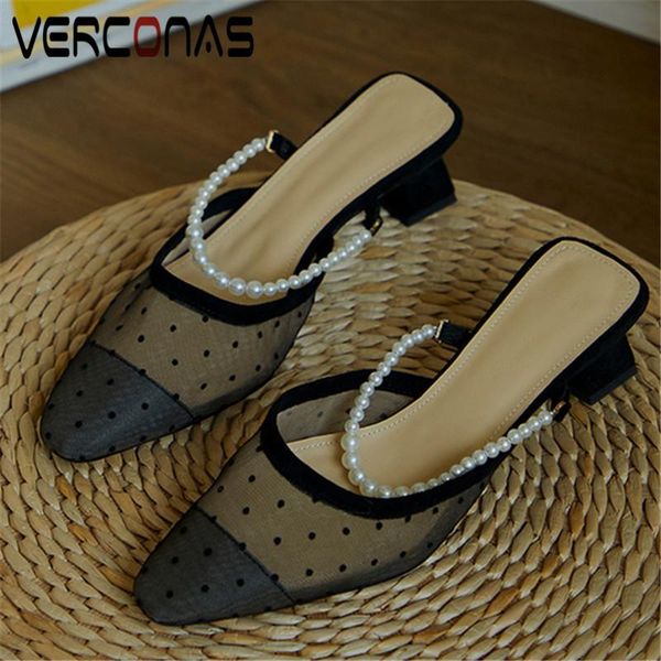 

dress shoes verconas 2021 sweet woman sandals pumps arrival pearl decoration wave point pointed toe square high heels, Black