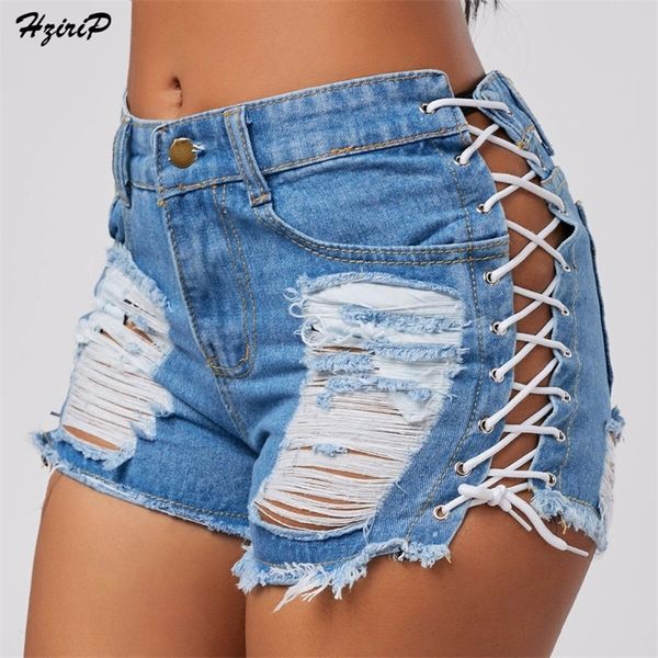 

hzirip summer women denim shorts black blue high waist ripped short jeans femme tassel lace up bandage pants 220312, White;black