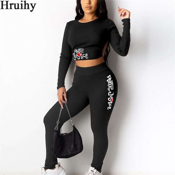 Tuta da donna Set da due pezzi Autunno manica lunga Crop Top Pantaloni a figura intera Set Sexy Backless Club Solid Plus Size Abbigliamento sportivo 210513