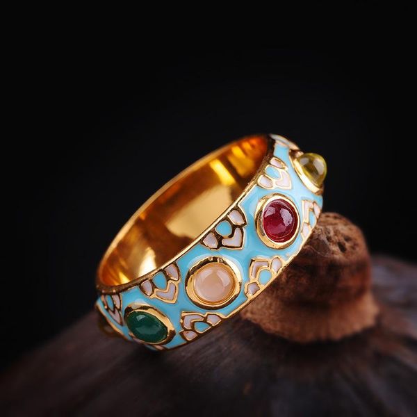 

cluster rings metjakt s925 sterling silver thailand enamel craft colorful gem national style women's ring, Golden;silver