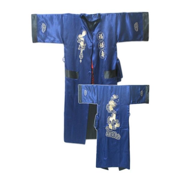 

green black reversible chinese mens embroidery kimono satin silk two-face robe bath gown dragon  s3002, Black;red