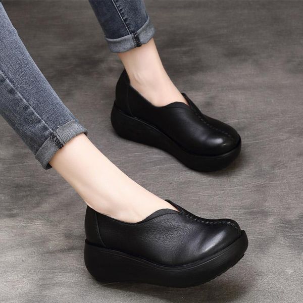 

women leather pumps 6 cm high heels wedge shoes spring 2021 soft genuine black handmade lazy tyawkiho dress
