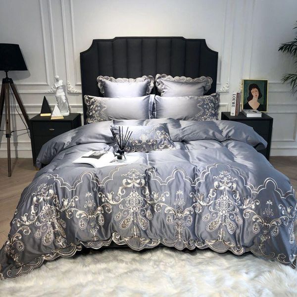 

bedding sets european style luxury gray 1000tc satin egyptian cotton high precision embroidery duvet cover bed sheet pillowcases set