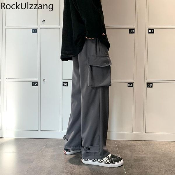 

plus size japanese streetwear men casual side cargo pocket button hem solid drawstring waist jogger pant ankle fashion autumn men's pan, Black