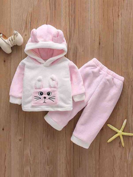

baby cartoon embroidery 3d ear design hooded flannel hoodie & pants she, White