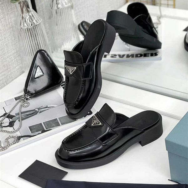 

slippers sandals 2021 new p family triangle label women's pu family women's bright face high end leather muller shoes baotou half, Black