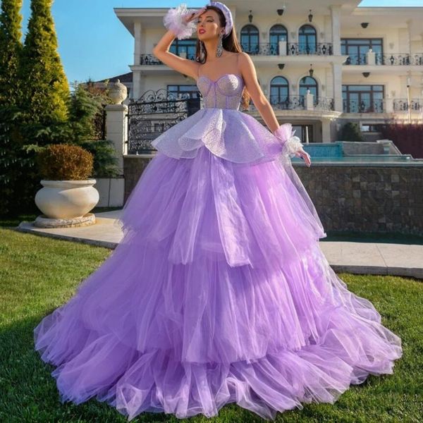 

romantic lilac ball gown prom quinceanera dresses with straps beading sequined tulle floor length layered evening formal bridesmaid pageant, Black