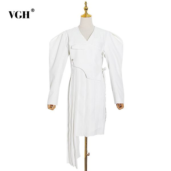 

vgh white patchwork metal lace-up polka dot dress v neck puff sleeve high waist dresses female spring autumn fashion new 210421, Black;gray