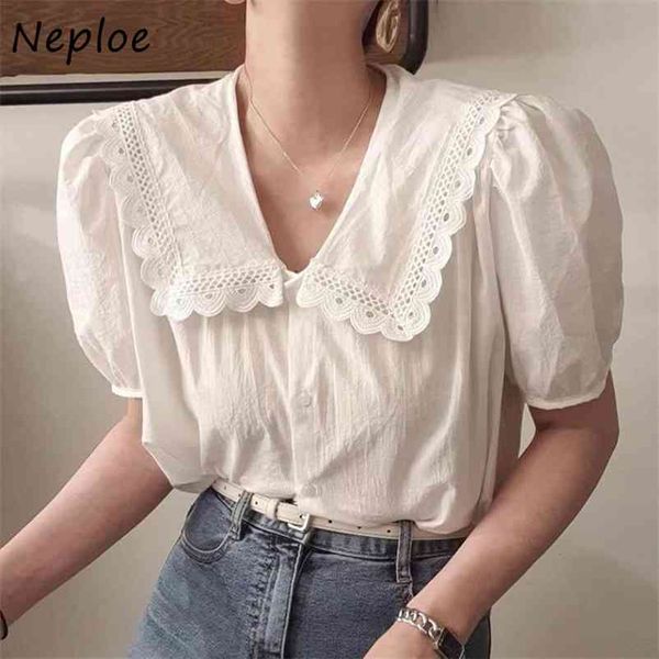 

peter pan collar pullover short sleeve blouse women lace hook flower ol loose blusas summer white shirt feminino 210422
