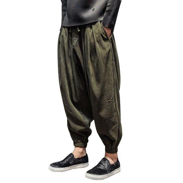 

men's pants elastic waist male plus size harem mid loose japanese style wide leg retro streetwear chic men trousers 0083, Black