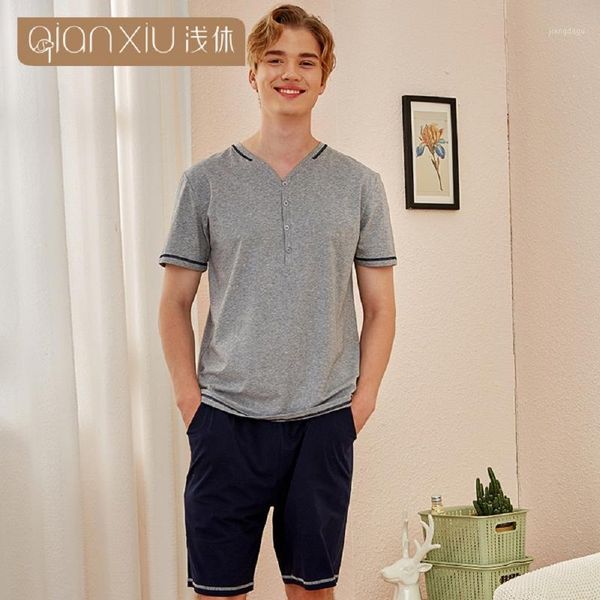 

sleepwear male gray nightwear suit summer cotton mens pajamas short sleeve v-neck loose thin leisure homewear pyjamas men men's, Black;brown