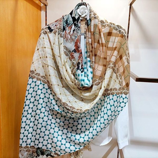 

scarves high-end elegant women's exquisite peony checked print quality cashmere beard border warm large scarf shawl, Blue;gray