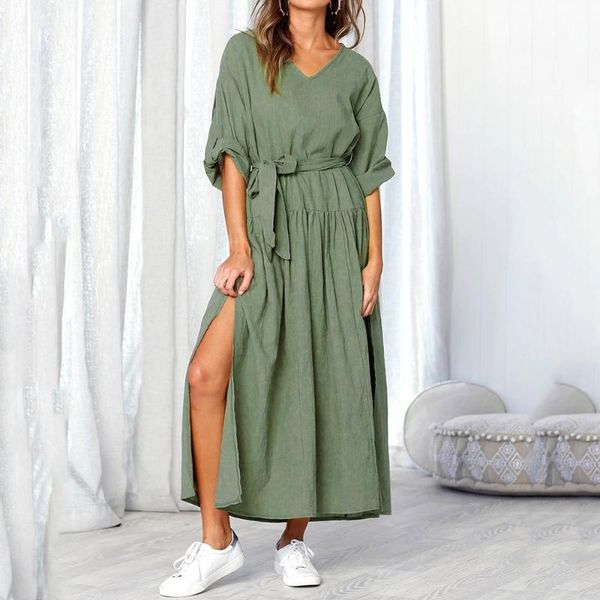 

casual dresses cotton linen dress 2021 women solid summer long sleeve v neck high split ladies loose maxi sundress vestido, Black;gray